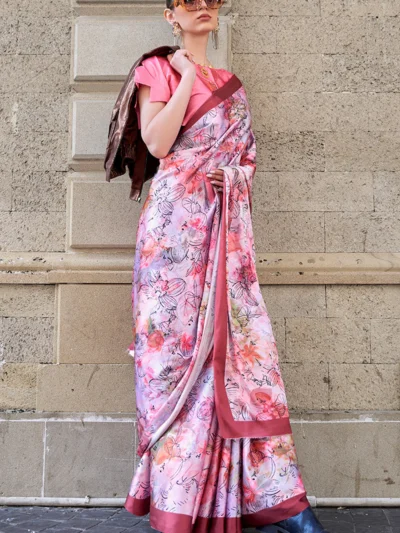 Opulent Pink Satin Floral Designer Saree with Maroon Border – Luxury Edition