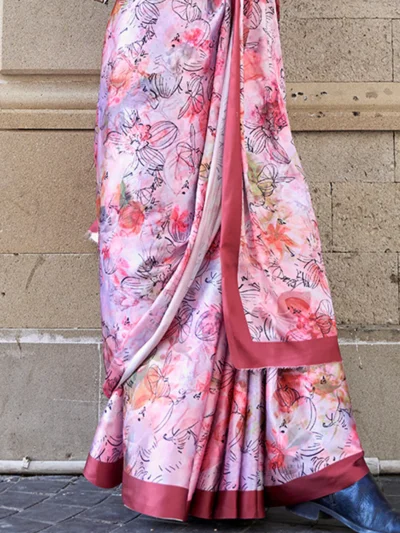 Opulent Pink Satin Floral Designer Saree with Maroon Border – Luxury Edition