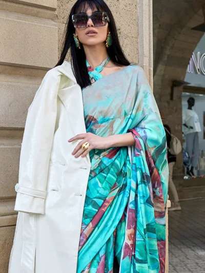 Exquisite Digital Print Satin Saree in Vibrant Turquoise Hues with Bold Floral Accents