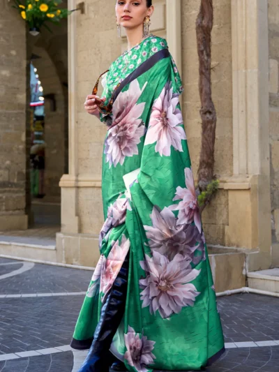 Elegant Green Satin Saree with Luxurious Pink Floral Digital Print – Perfect for Occasions