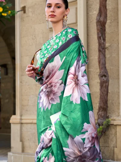 Elegant Green Satin Saree with Luxurious Pink Floral Digital Print – Perfect for Occasions