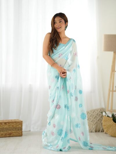 Powder Blue Elegant Faux Georgette Silk Saree with Diamond Silk Blouse Material