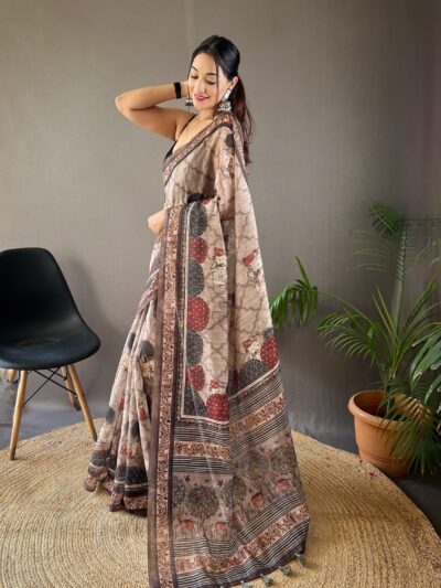 Beige and Brown Exquisite Pure Cotton Tussar Silk Kalamkari Saree