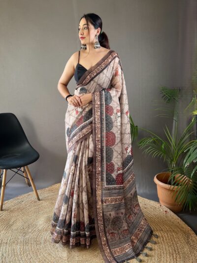 Beige and Brown Exquisite Pure Cotton Tussar Silk Kalamkari Saree