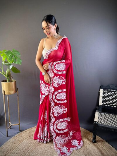 Exquisite Red Organza Saree with Intricate White Floral Embroidery – A Timeless Luxury Piece