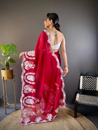 Exquisite Red Organza Saree with Intricate White Floral Embroidery – A Timeless Luxury Piece