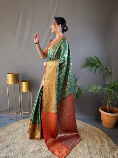 Regal Green Banarasi Silk Saree with Rich Zari Weaving and Contrasting Pallu