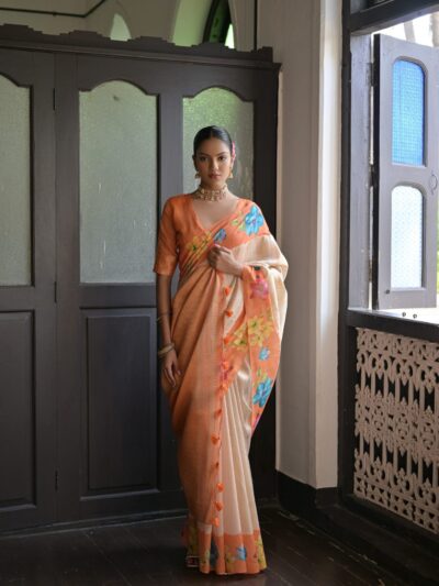 Orange Elegant Tussar Silk Saree with Zari Lotus Weaving and Floral Contrast Border