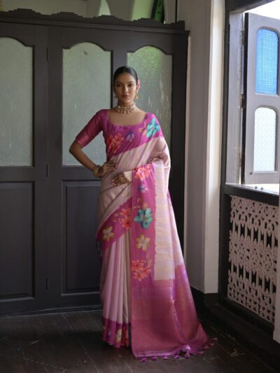 Rani Pink Elegant Tussar Silk Saree with Zari Lotus Weaving and Floral Contrast Border