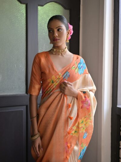 Orange Elegant Tussar Silk Saree with Zari Lotus Weaving and Floral Contrast Border