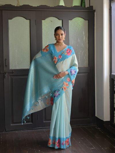 Sky Blue Elegant Tussar Silk Saree with Zari Lotus Weaving and Floral Contrast Border