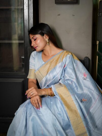 Premium Sky Blue Khadi Tussar Silk Saree with Multicolor Kantha Stitch and Traditional Thread Work