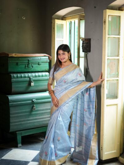 Premium Sky Blue Khadi Tussar Silk Saree with Multicolor Kantha Stitch and Traditional Thread Work