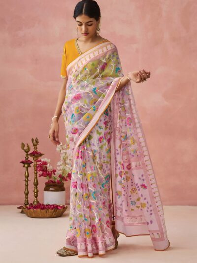 Pink Exquisite Soft Onyx Brasso Organza Saree with Intricate Embroidery and Designer Pallu Tassels