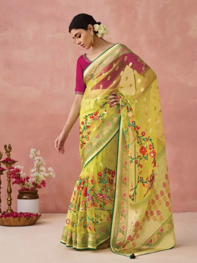 Yellow Exquisite Soft Onyx Brasso Organza Saree with Intricate Embroidery and Designer Pallu Tassels