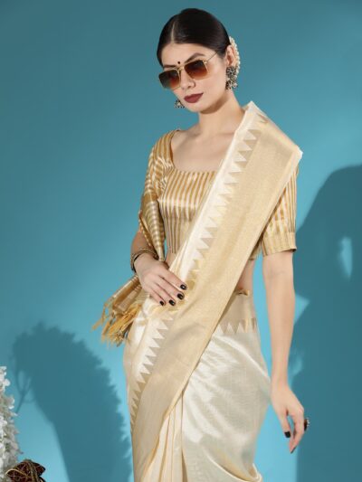 Timeless Elegance: Exquisite White Silk Saree with Golden Accents