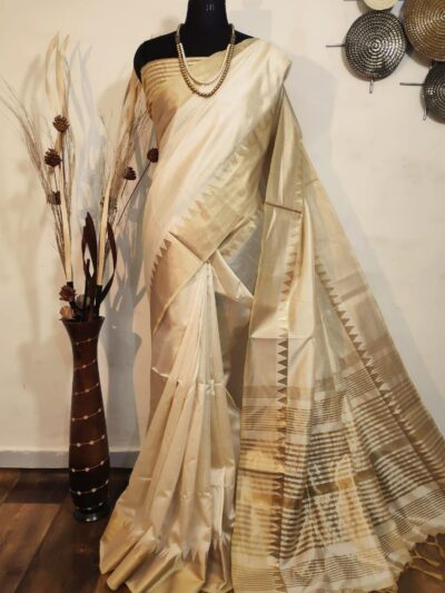 Timeless Elegance: Exquisite White Silk Saree with Golden Accents