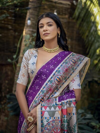 PURPLE MADHUBANI SILK SAREE