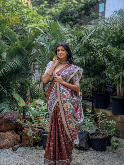 BROWN MADHUBANI SILK SAREE